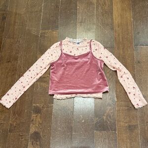 Old Navy Pink Velvet Camisole with Lace Floral Long Sleeve shirt